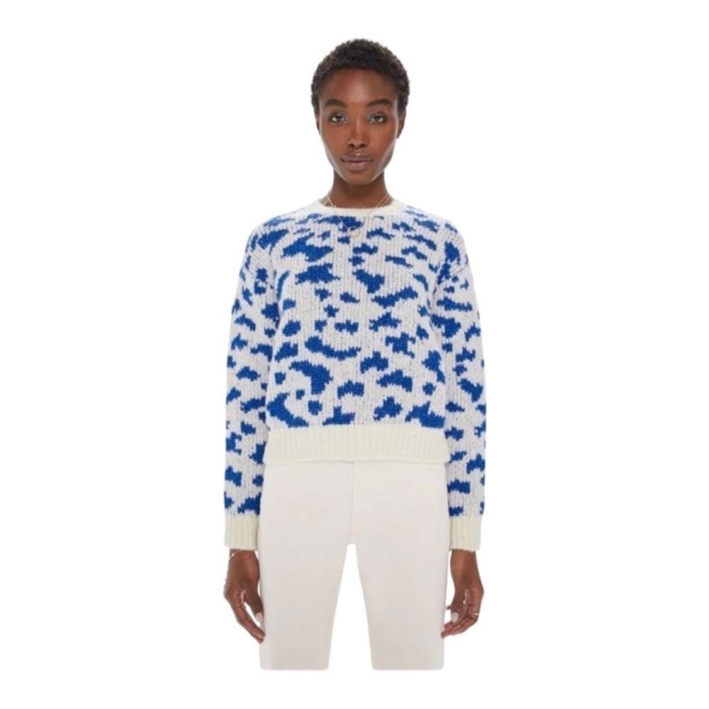 MOTHER Denim Alpaca Jumper Feline Friends Blue White Chunky Crop Sz L NEW